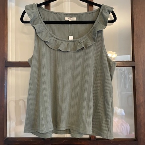 Madewell Green Ribbed Pointelle Ruffled Scoop Tank, Size Medium, NWT - Picture 1 of 6